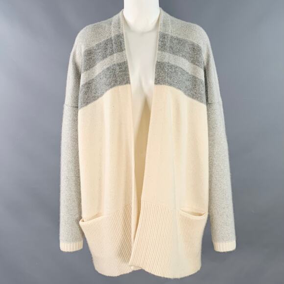 BLACK GOAT Size M Grey Cream Cashmere Stripe Open Front Cardigan - Picture 1 of 8